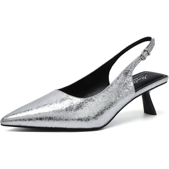 Mostrin Kitten Heel Silver Sh Faux Leather Low Slingback Heels with Buckle